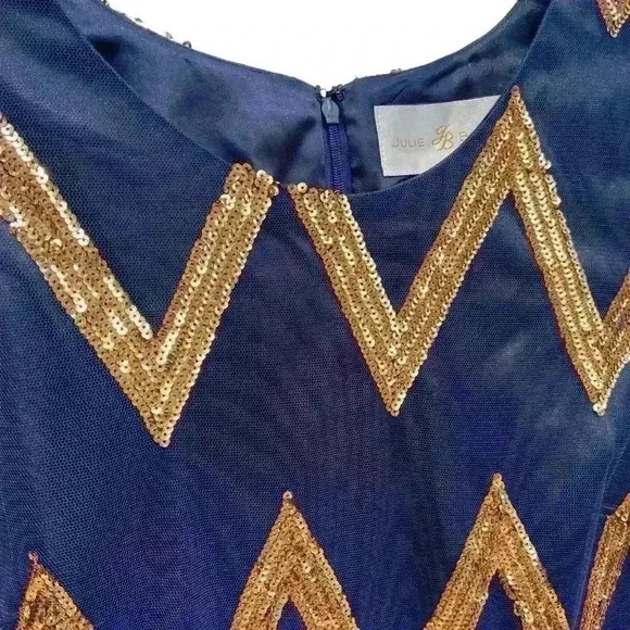 Vintage Julie Brown Cocktail MIDI Dress Size 6 Navy Gold Chevron Party Holiday - Picture 2 of 10